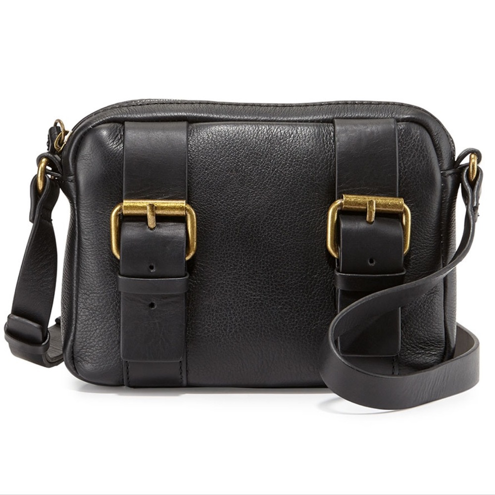 Kelsi Dagger Black Leather Crossbody Bag with Gold Buckles
